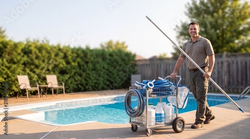 Swimming Pool Maintenance Expert Using Cleaning Tools In A Residential Backyard