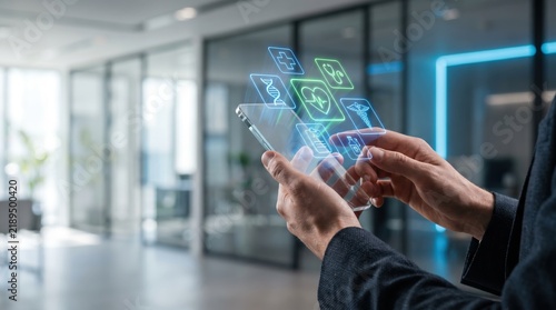 medical technology  AI. Businessman using a transparent smartphone with futuristic digital icons in a modern office setting.