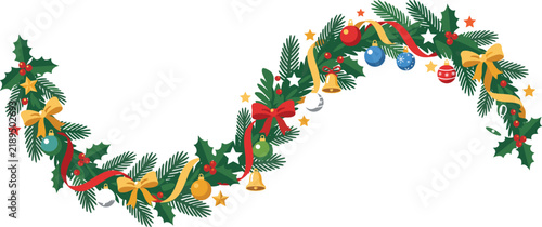 Christmas garland with fir branches, holly leaves, red ribbons, gold bows, baubles, and stars, festive holiday decoration