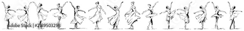 Ballerina dancers performing classical ballet poses in line art sketch style
