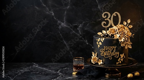 Elegant black birthday cake with gold decorations for a thirtieth celebration wishing a very happy birthday