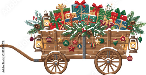 Rustic wooden wagon overflowing with colorful christmas gifts, pine branches, pinecones, and vintage lanterns