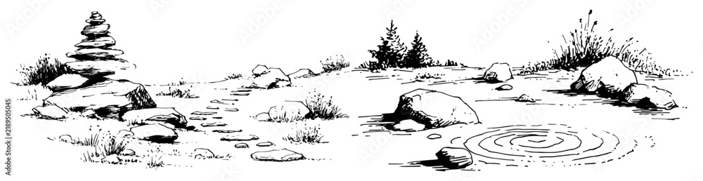 Obraz premium Zen garden landscape with balanced stones and peaceful water pond in ink sketch style