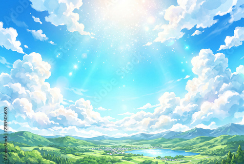 青空と白い雲が広がる緑の山と湖の爽やかな風景イラスト