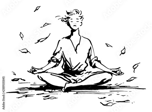 Person meditating in lotus yoga pose with swirling autumn leaves in line art sketch style