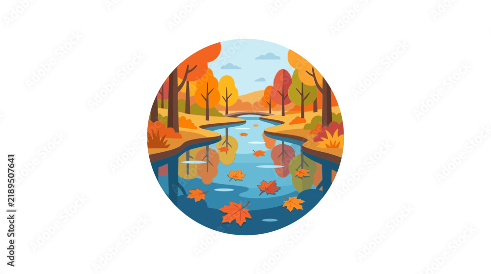 Fototapeta premium Autumn forest landscape with river and falling leaves in a circular flat vector design