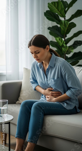 Woman holding her stomach in pain on a couch, representing physical discomfort, illness, and a need for care