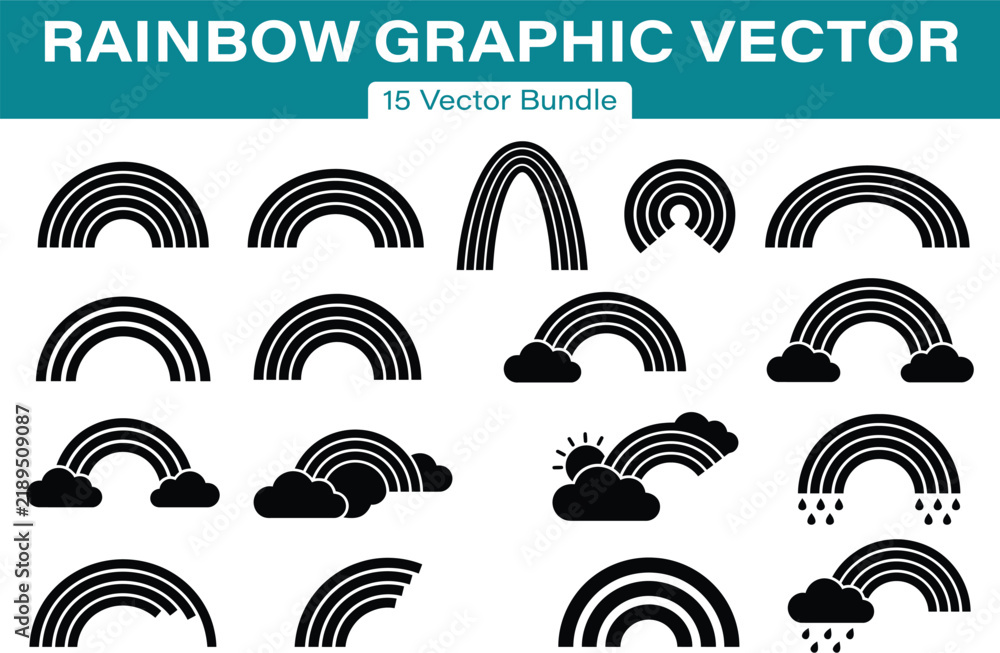 Obraz premium Rainbow Weather Graphics Solid Black Silhouette Set of 15 Rainbow Vector Clipart