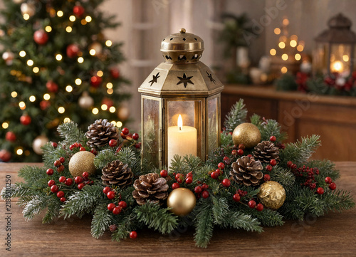 Decorative Christmas centerpiece featuring a lit candle inside a rustic metal lantern with pine branches