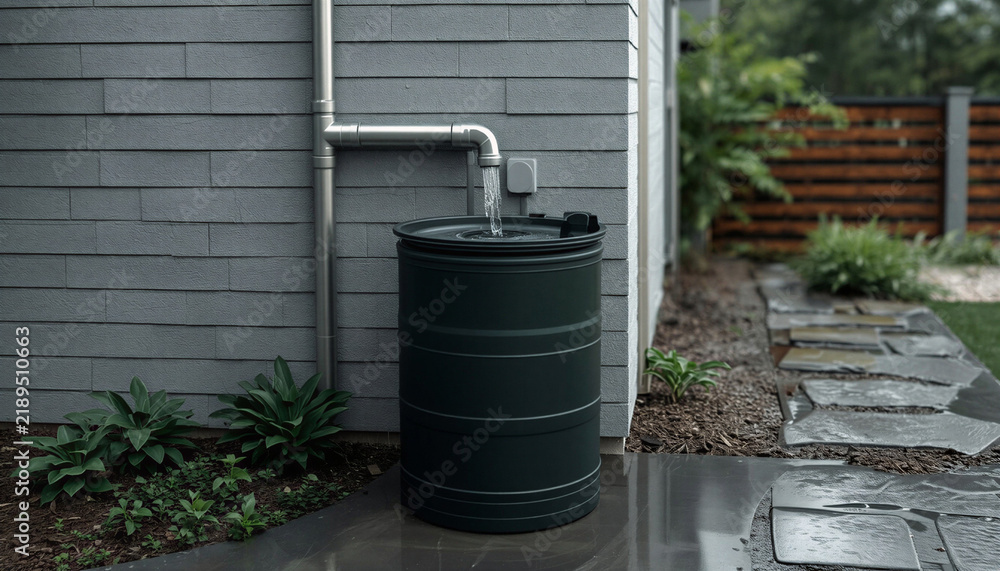 Obraz premium Residential rainwater harvesting system in a garden