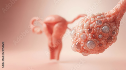 Female ovary organ with cystic anatomy beside uterus model conveys concern about reproductive health and medical diagnosis in soft studio setting
