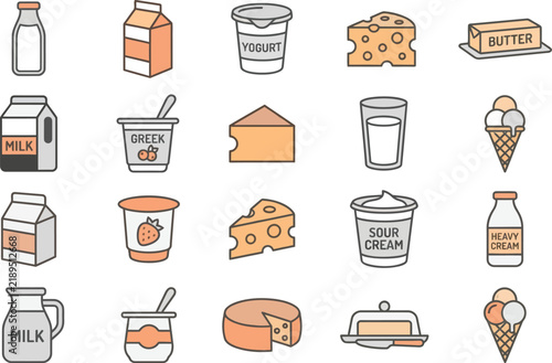 Dairy product collection featuring milk yogurt cheese and butter in flat pastel colors.