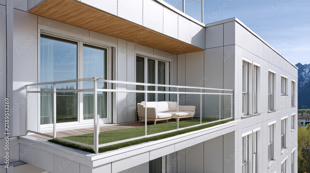 Fototapeta premium Modern apartment exterior with balcony, glass railing, white sofa, mountain view, and minimalist design