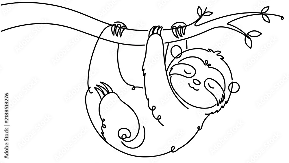 Fototapeta premium Sloth hanging white background smiling.