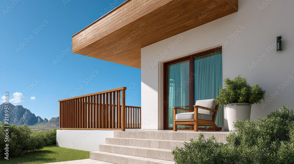 Fototapeta premium Modern luxury apartment exterior with wooden balcony, mountain view, white wall, potted plant, sunny day