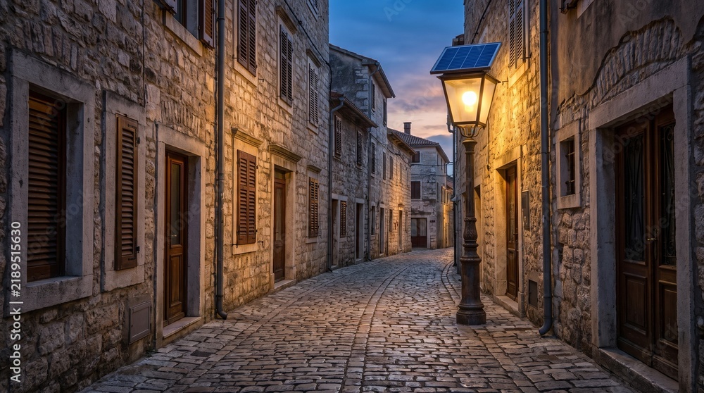 Fototapeta premium Narrow cobblestone alley in old stone town at dusk with street lamp