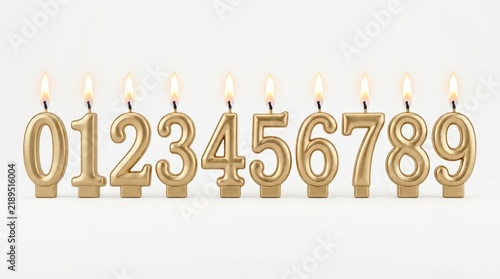Gold birthday candles set with burning flames, metallic number candles from zero to nine, elegant golden cake toppers for anniversary celebration