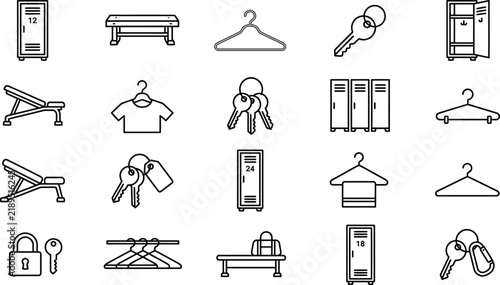 Collection of locker, bench, hanger, and key icons in line art for gym and changing room.