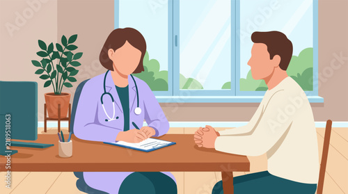 Medical consultation: female doctor and male patient in office setting