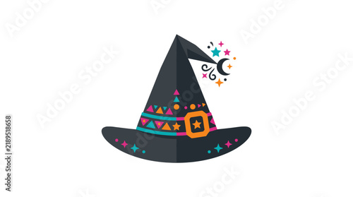 Decorative Halloween witch hat with magical star and moon icons.