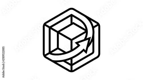 Isometric cube icon with rotating arrow sign.