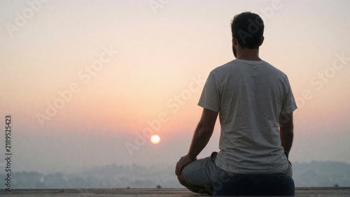 Silhouette Man Meditating at Sunrise Outdoors.