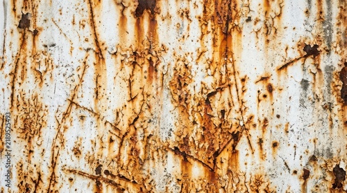Corroded metal surface with weathered orange rust and peeling white paint layers showcasing industrial decay for gritty texture and artistic design backgrounds.