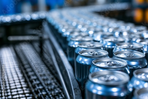 Aluminum cans moving on a production line