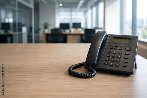 Black office telephone sits on a wooden desk in a blurred corporate setting