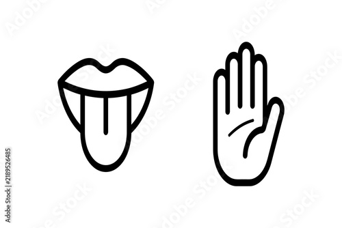 Minimalist black line icons depicting a mouth with tongue out and an open hand palm representing taste and touch communication