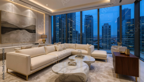 Luxury Modern Living Room with Panoramic City Skyline View