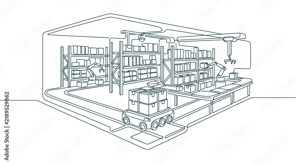 Fototapeta premium Automated warehouse with robotic arms and conveyor belts in a continuous line art style.