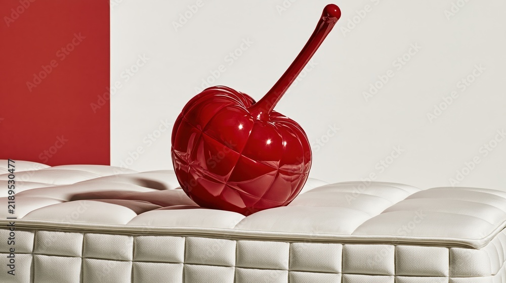 Obraz premium A glossy red quilted cherry sculpture rests on a white tufted mattress in a minimalist studio setting. This surreal art object features a shiny finish and geometric stitching on a clean background.
