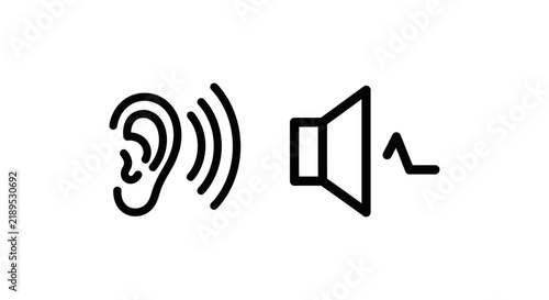 Minimalist outline icons representing ambient sound and low volume with human ear and speaker symbols acoustic minimalist isolated illustration technology broadcast frequency