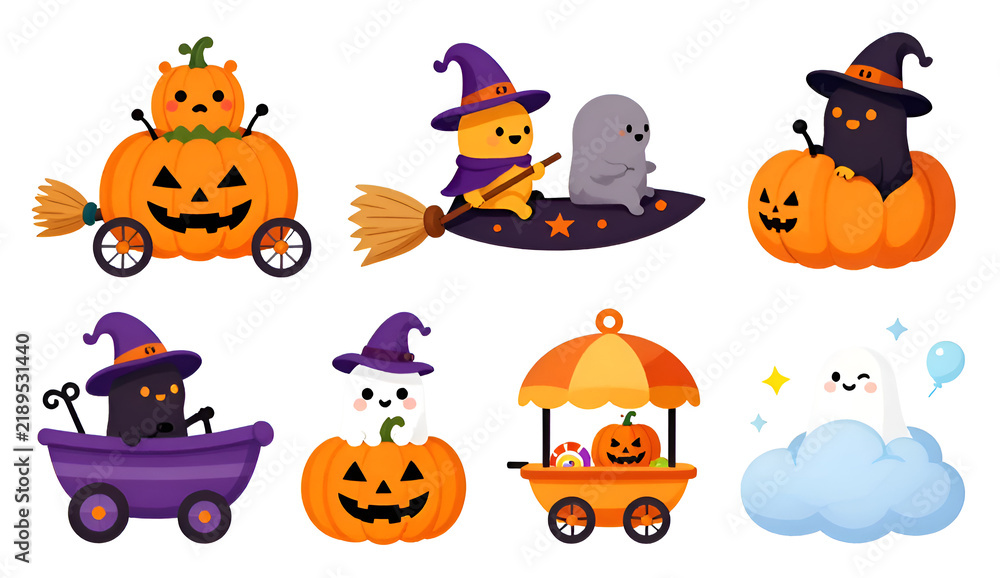 Obraz premium Halloween Icons and Pumpkin Set with Cute Cartoon Bat Ghost Witch Cat Skull and Spider Vector Illustrations for Spooky Autumn Holiday Celebration Designs