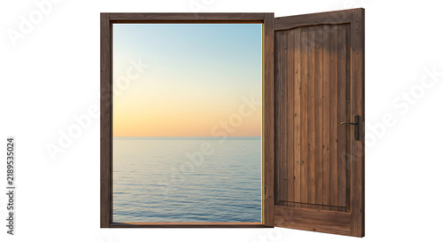 Open Door to the Sky and Sea Through a Bright Modern Interior with Wooden Frame, Glass, Natural Light, Architecture and Coastal View Concept