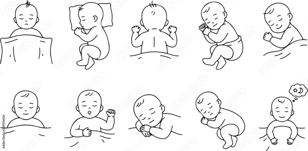 Fototapeta premium Peaceful sleeping babies in different comfortable positions on soft bedding.