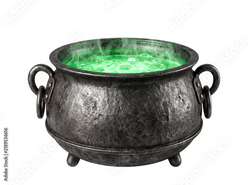 Bild auf Leinwand Witch cauldron with glowing green magic potion isolated on white background