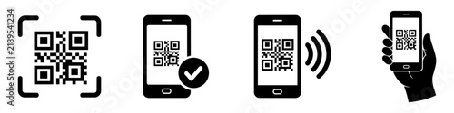 Qr code scanning with smartphone icons in various styles showing verification, wireless signal, and hand-held mobile phone symbols for contactless access, digital interaction, and interface design