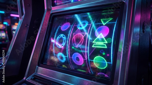 Slot machine casino gambling neon interface jackpot gaming symbols colorful. A neon slot machine screen displays bright geometric gaming symbols for commercial advertising entertainment campaigns