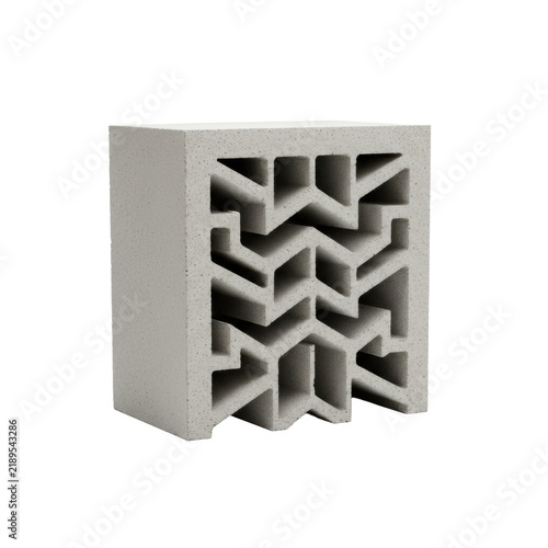 A new, transparent porous concrete hollow block in cross-section, revealing intricate zigzagging internal cellular structure, isolated on a bright white background, concept of thermal efficiency