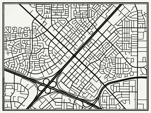 Minimalist black and white city map vector with urban street grid and highway interchange.