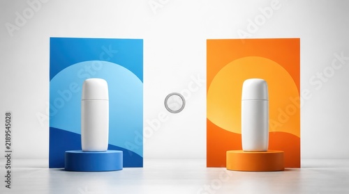 Two white water bottles displayed on circular platforms with blue and orange abstract backgrounds.