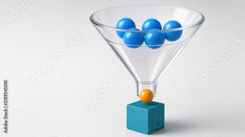 A funnel-shaped glass container holds four blue spheres, releasing one orange sphere into a blue cube below.