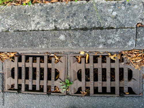 Obraz na płótnie Mit Herbstlaub verstopfter Abwasserschacht