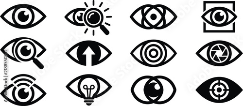 Set of abstract eye icons and vision symbols for graphic design, web interface, branding, and digital security concepts