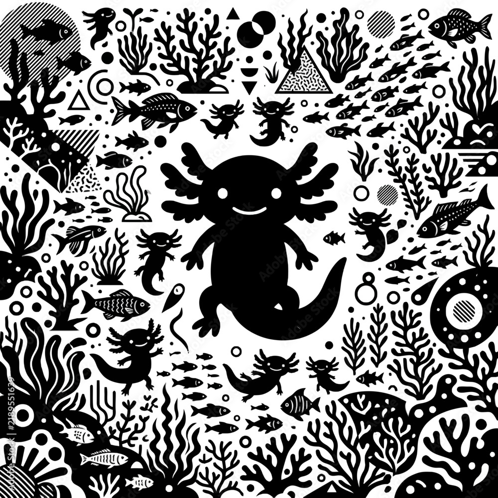 Fototapeta premium Cute axolotls and sea life silhouettes underwater pattern design