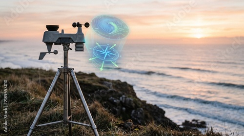 Weather station on a stainless steel tripod on a coastal cliff at sunrise projecting a 3D holographic barometric pressure map and wind compass rose over the ocean