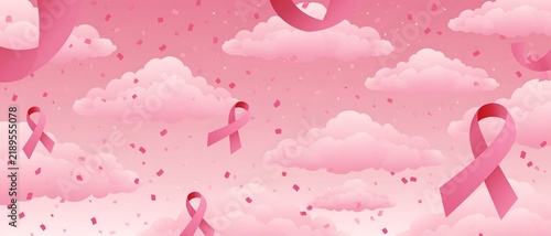 Pink ribbons float among soft clouds and sparkles