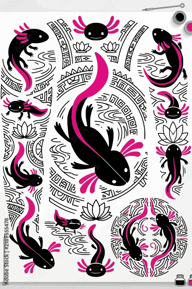 Fototapeta premium Stylized black and pink axolotl illustrations with tribal patterns